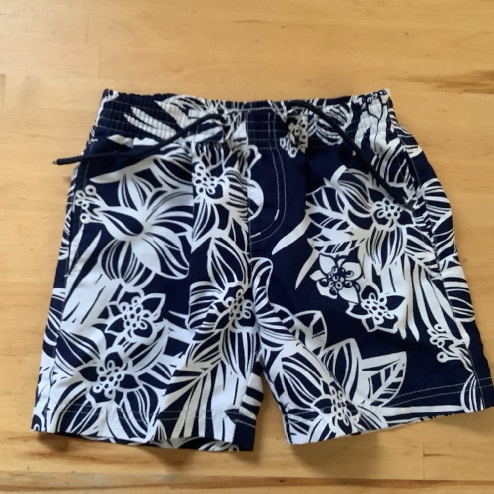 Navy and White Floral Hawaiian Swim Shorts